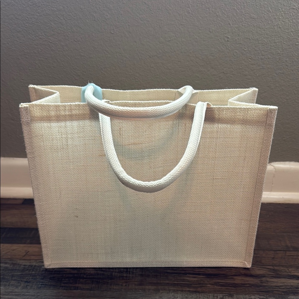 Cream Jute Tote Bag with White Handles